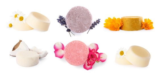 Image of Set with solid shampoo bars on white background, banner design. Hair care