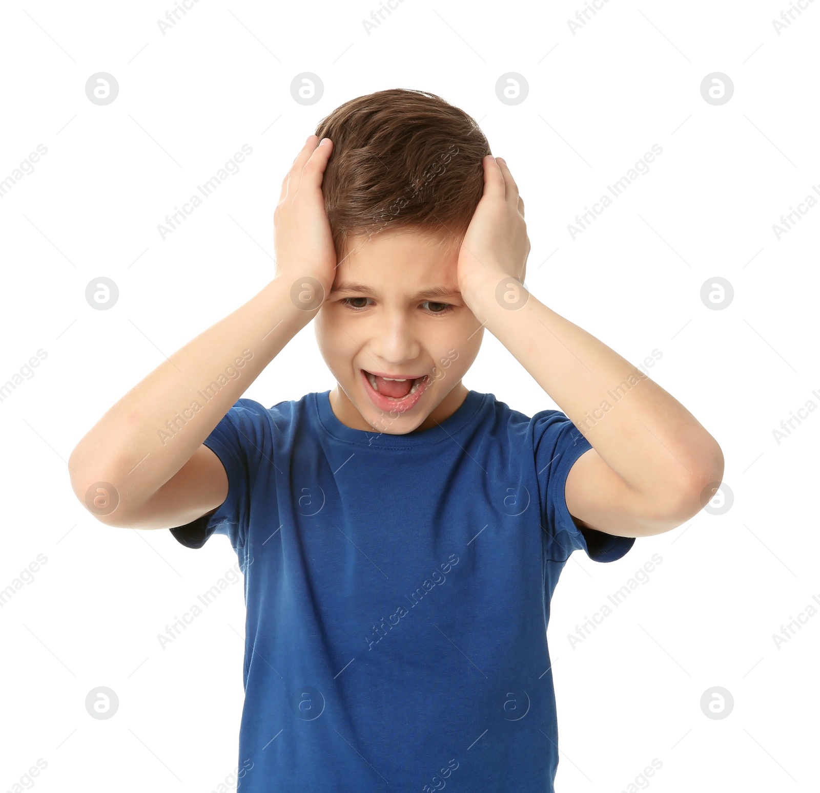 Photo of Little boy suffering from headache on white background