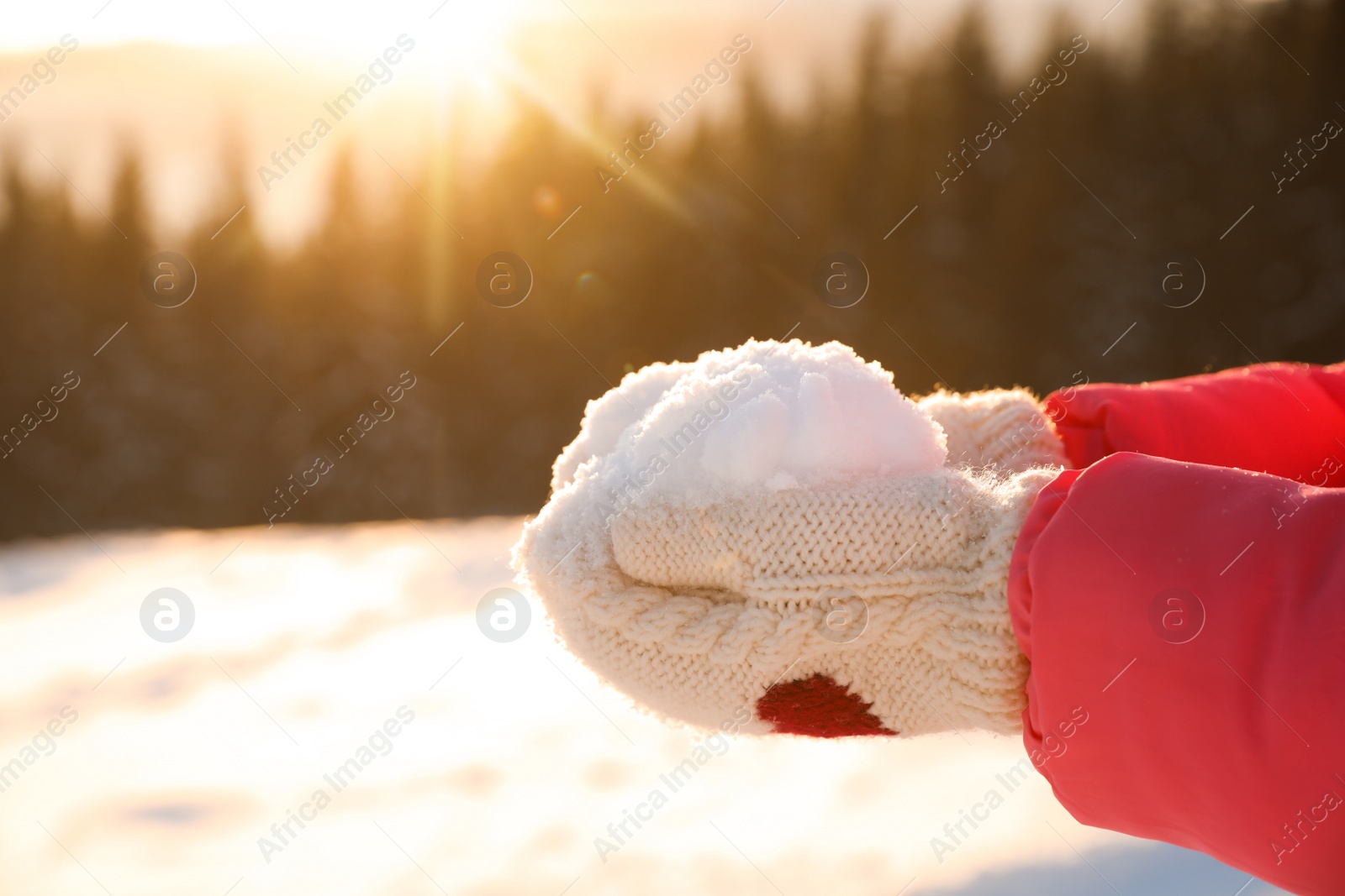 Photo of Woman holding pile of snow outdoors, closeup view with space for text. Winter vacation