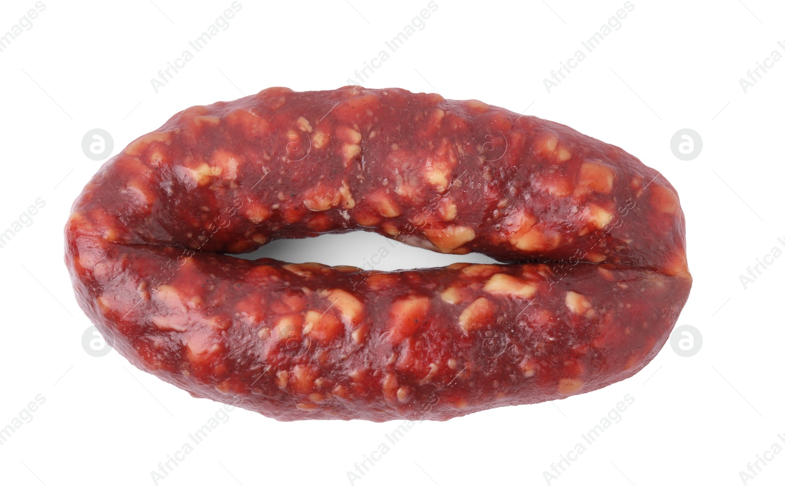 Photo of Whole delicious smoked sausage isolated on white, top view