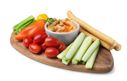 Photo of Board with delicious hummus, grissini sticks and fresh vegetables on white background