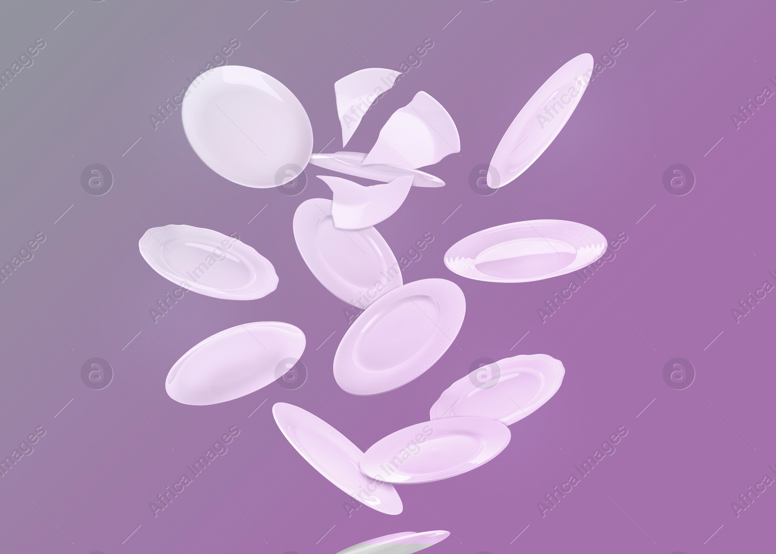 Image of Many white plates falling on pastel violet background