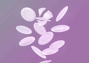 Image of Many white plates falling on pastel violet background