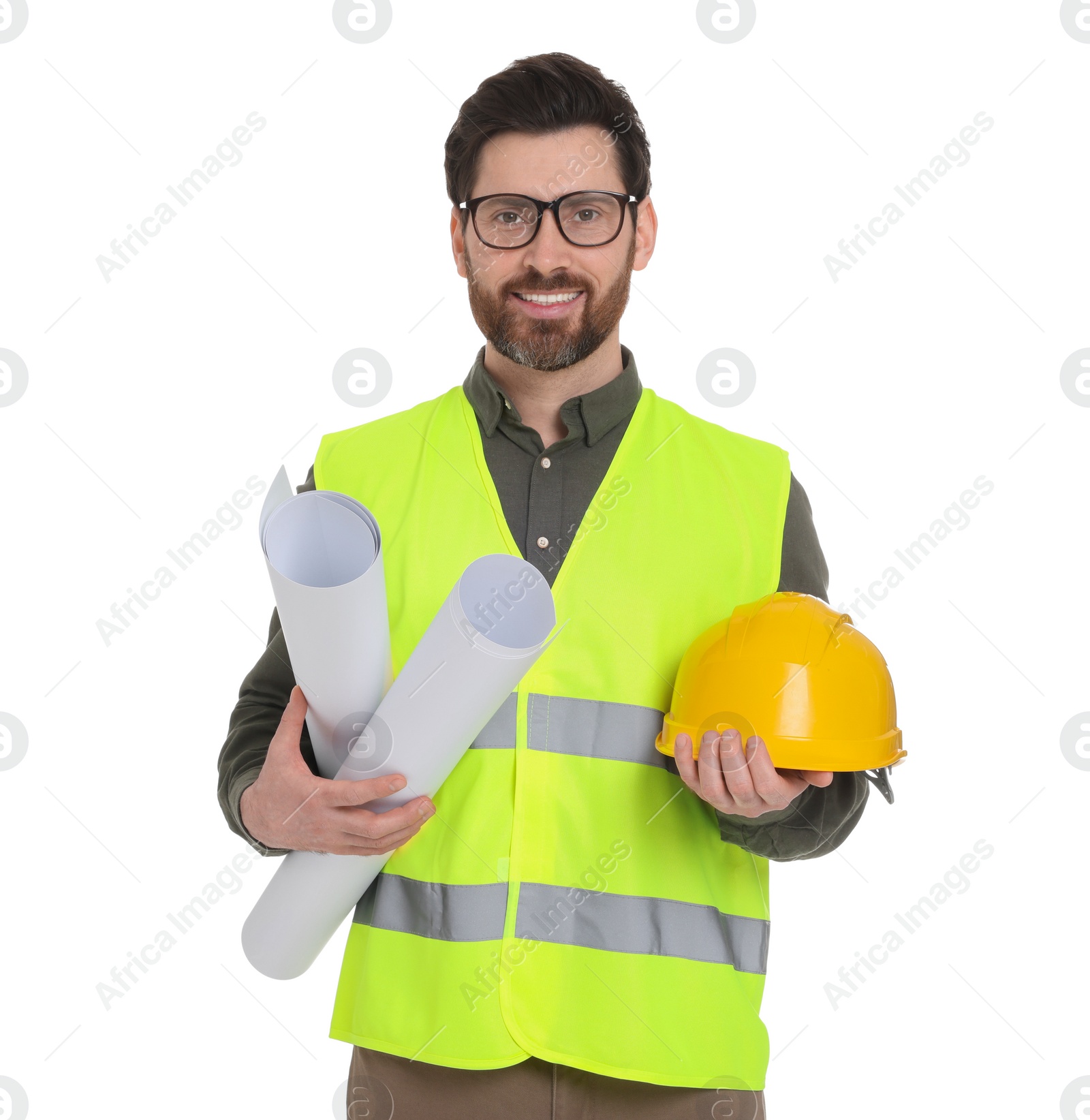 Photo of Architect with drafts and hard hat on white background