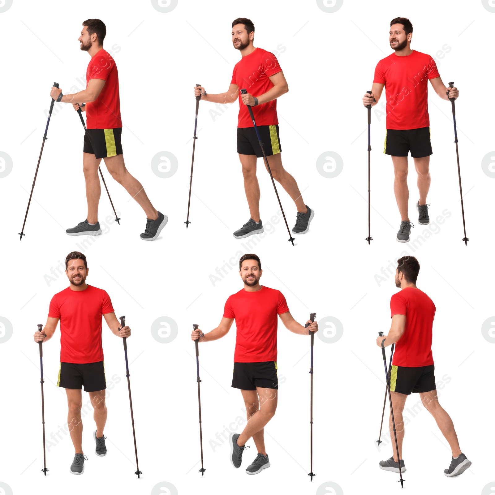 Image of Sporty man with Nordic walking poles on white background, collage with photos