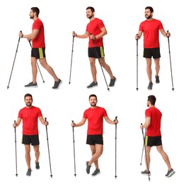 Sporty man with Nordic walking poles on white background, collage with photos