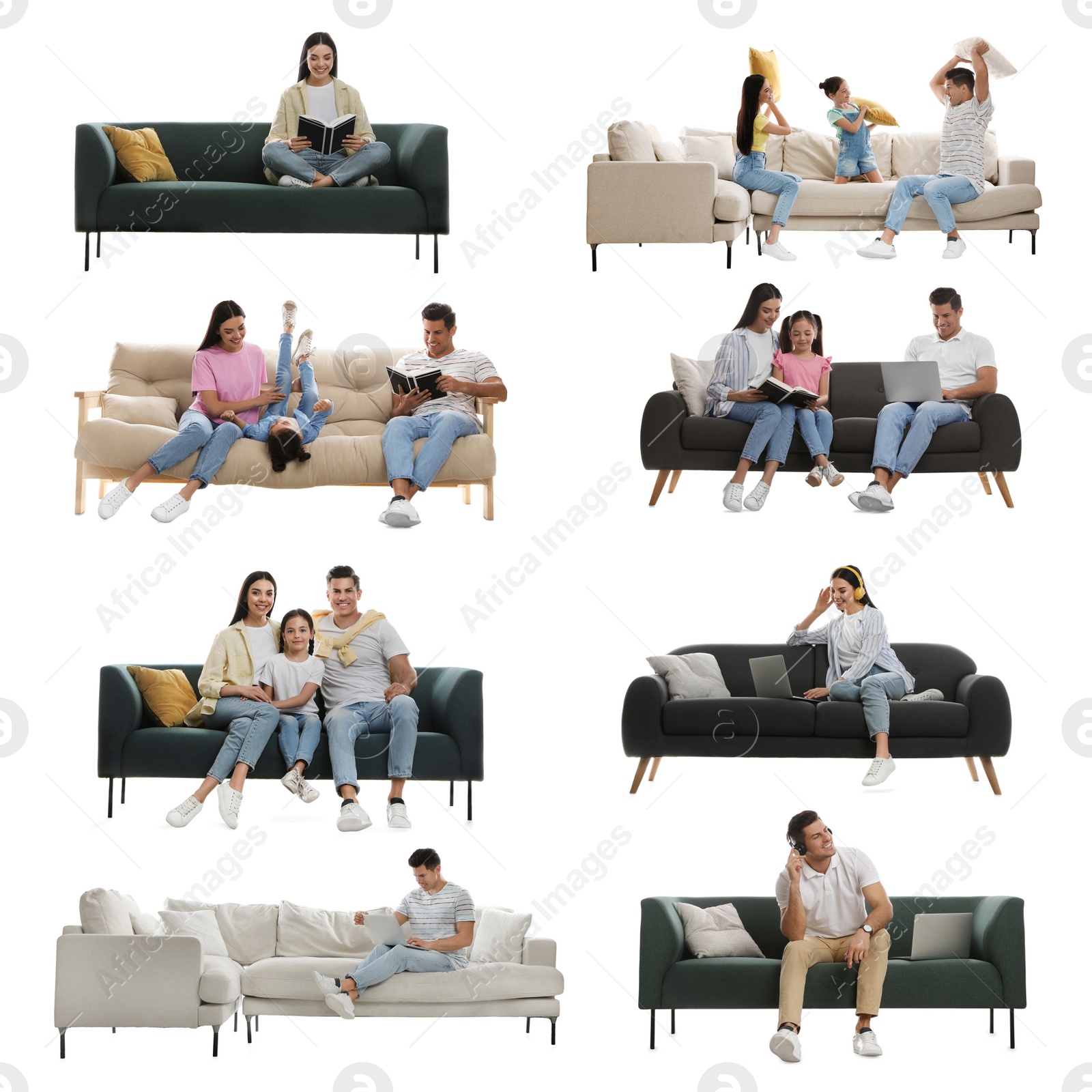 Image of People resting on different stylish sofas against white background, collage 