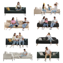 Image of People resting on different stylish sofas against white background, collage 