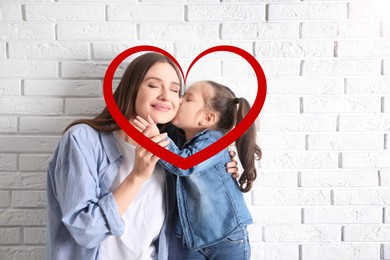 Image of Illustration of red heart and happy mother with little daughter near white brick wall