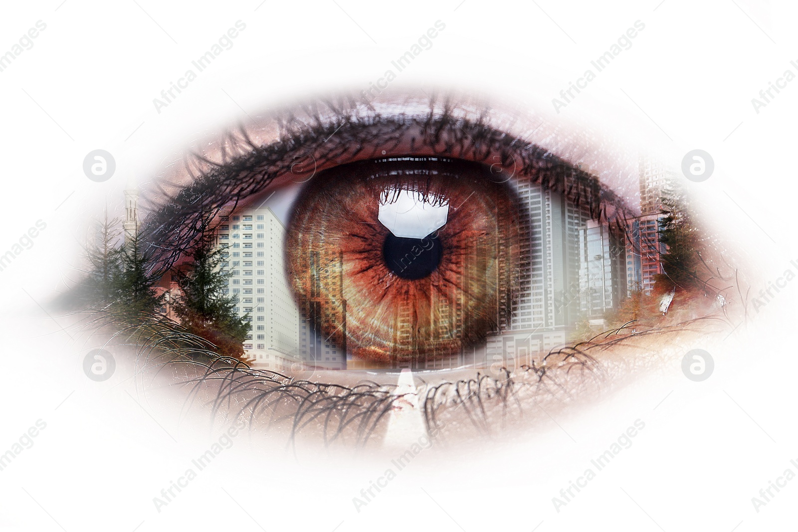 Image of Double exposure of cityscape and woman with beautiful eye, closeup