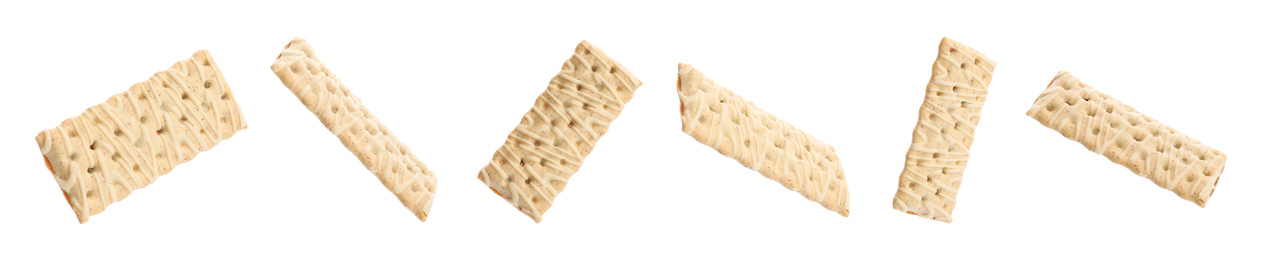 Image of Set of delicious cookies on white background. Banner design 