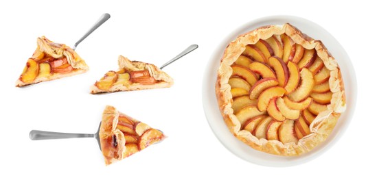 Image of Collage with delicious peach pie on white background