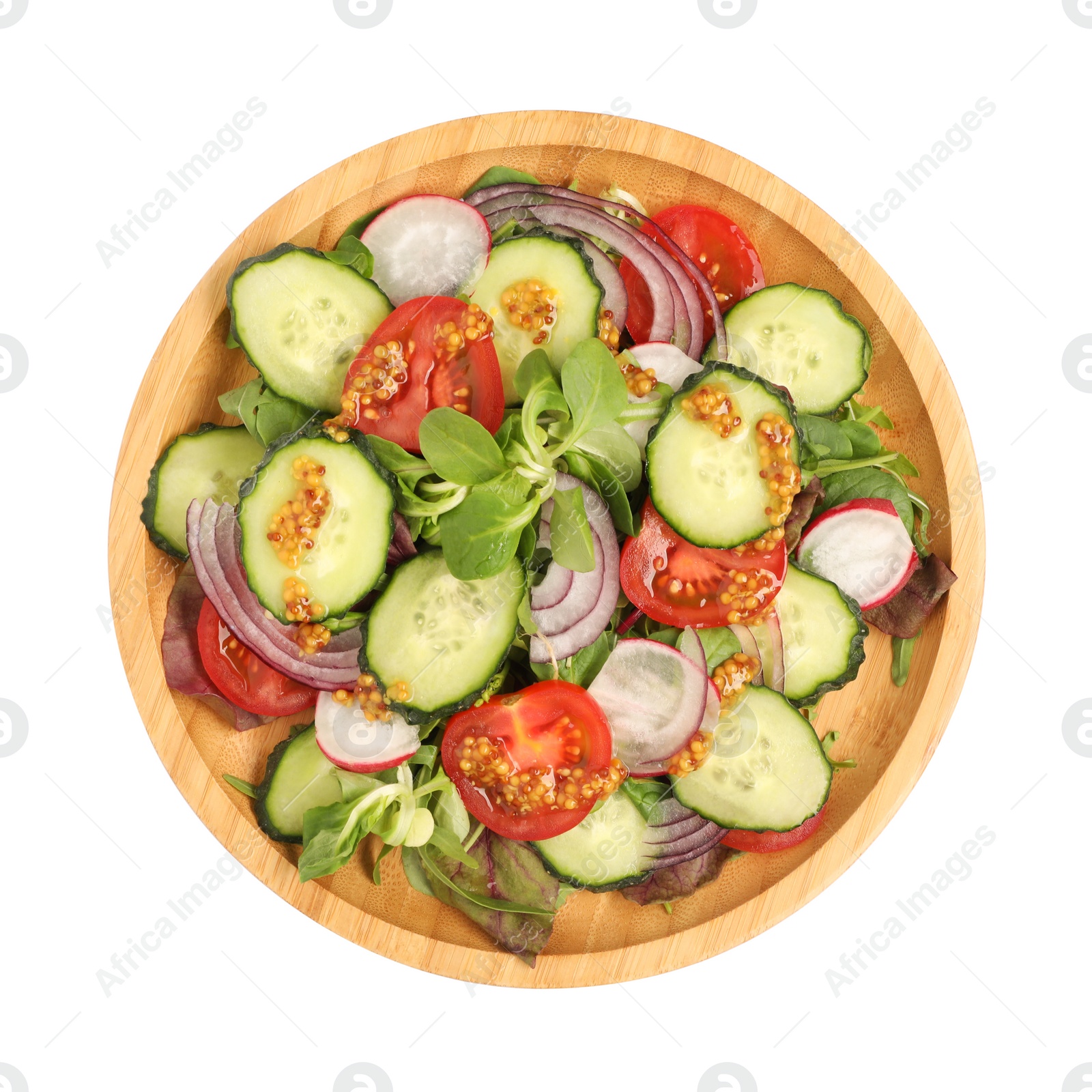 Photo of Tasty salad with different vegetables isolated on white, top view