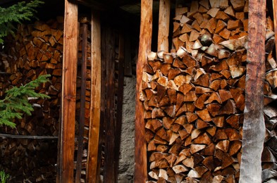 Closeup view of stacked cut firewood in outdoor warehouse