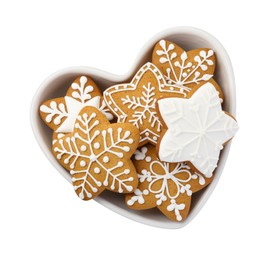 Photo of Tasty star shaped Christmas cookies with icing isolated on white, top view