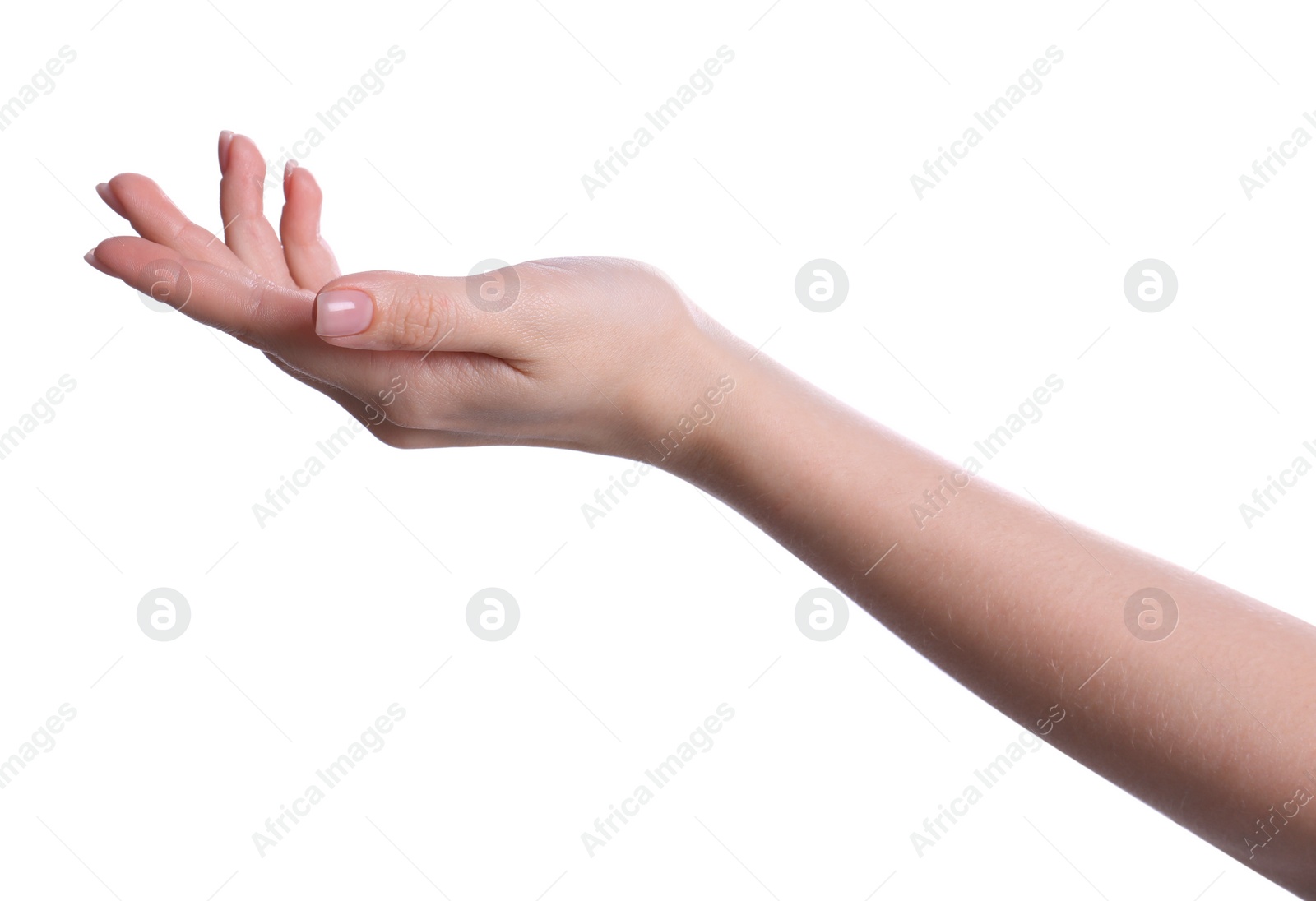 Photo of Woman holding something on white background, closeup