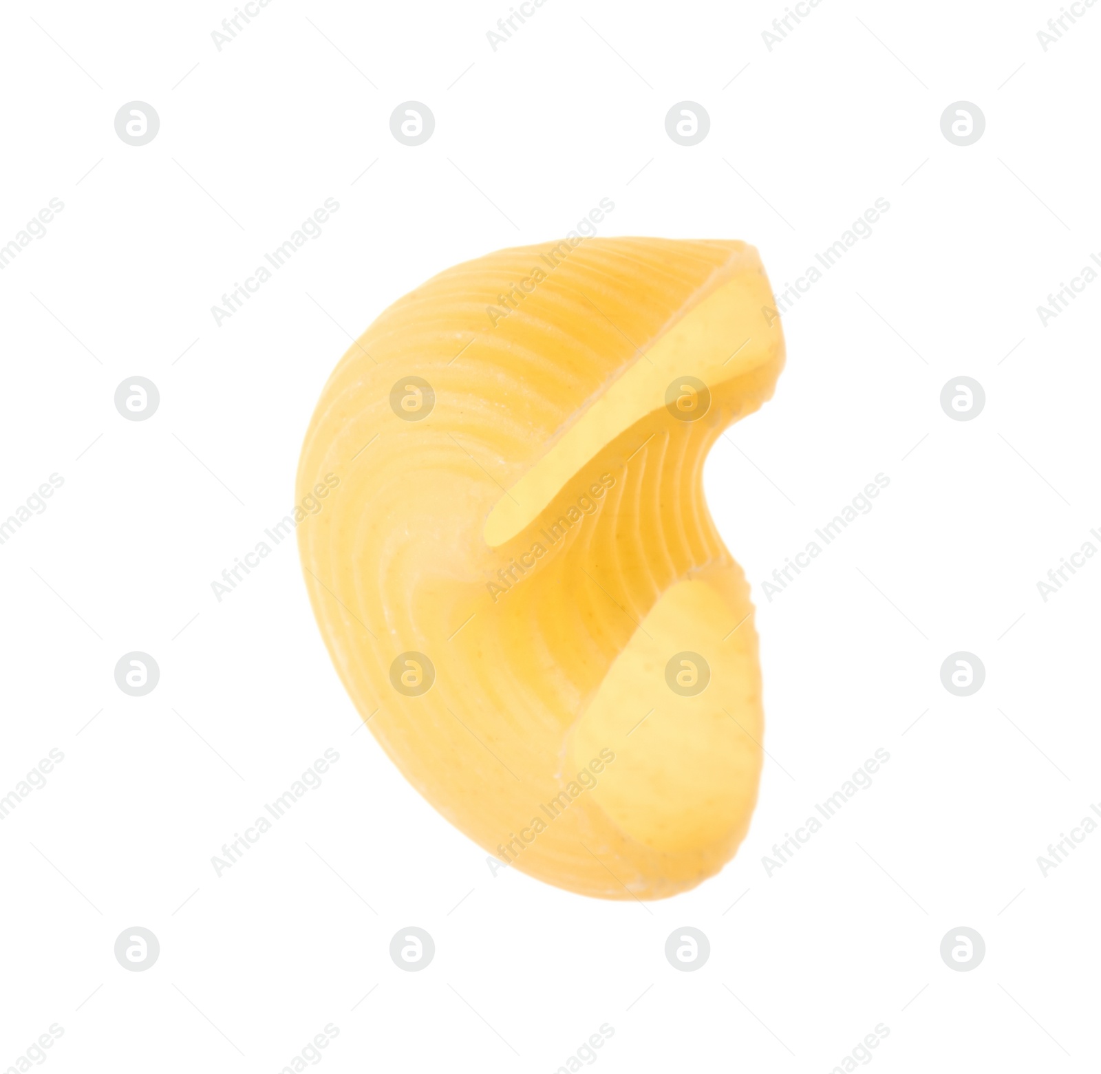 Photo of One piece of raw horns pasta isolated on white