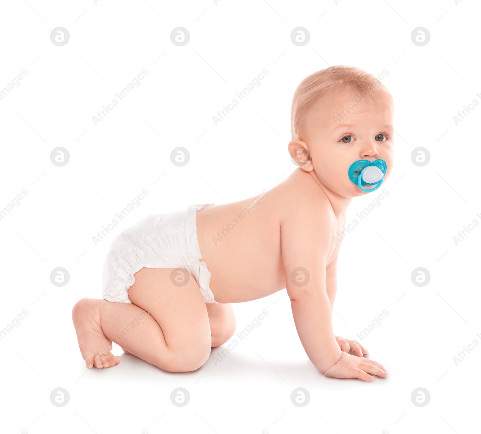 Photo of Cute little baby crawling on white background