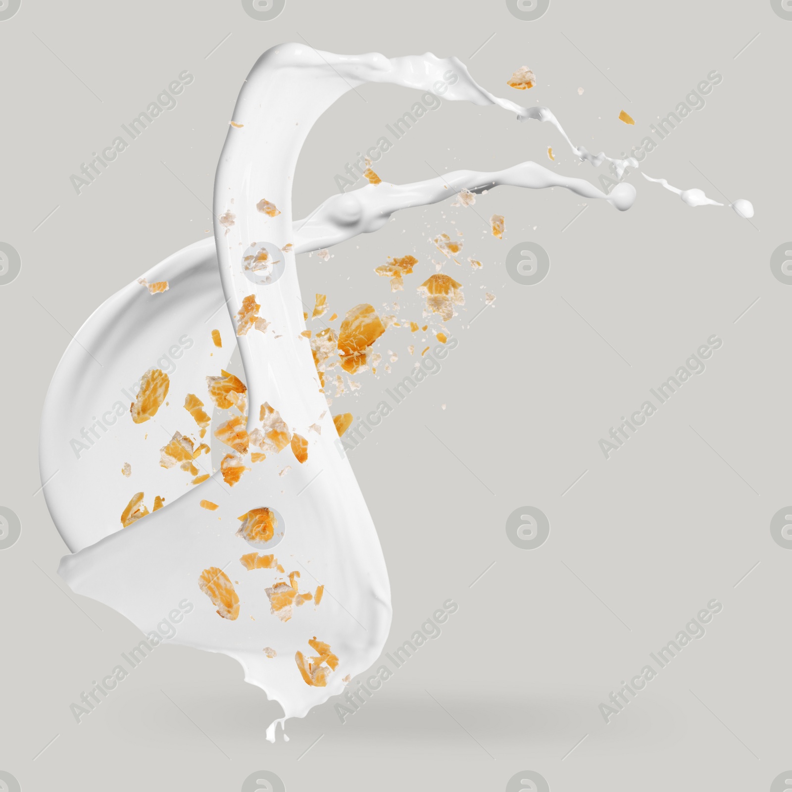 Image of Rolled oats and milk splash on grey background