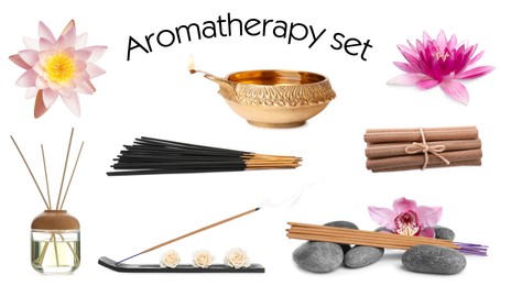 Image of Incense sticks and other items for aromatherapy on white background, collage