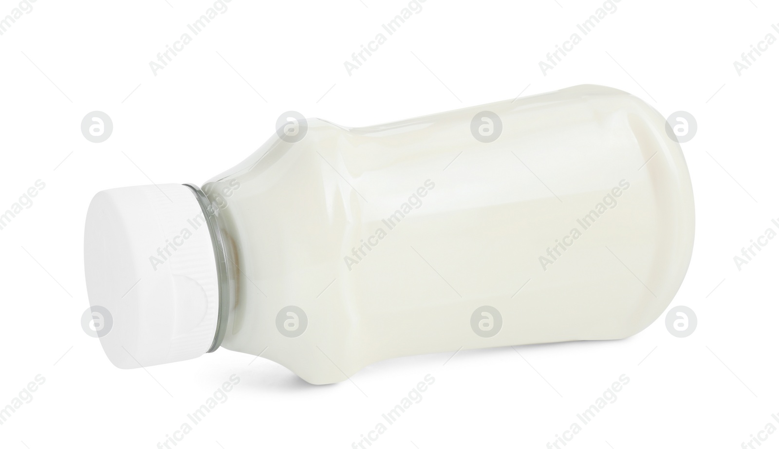 Photo of Fresh mayonnaise sauce in glass bottle isolated on white