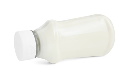 Photo of Fresh mayonnaise sauce in glass bottle isolated on white