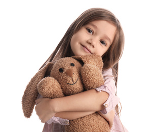 Photo of Portrait of cute little girl with toy bunny on white background