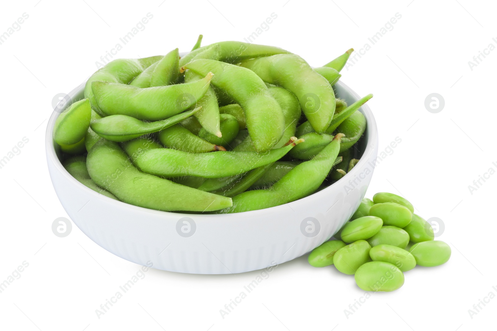 Photo of Bowl with green edamame pods and beans on white background