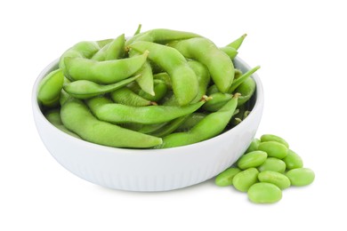 Photo of Bowl with green edamame pods and beans on white background