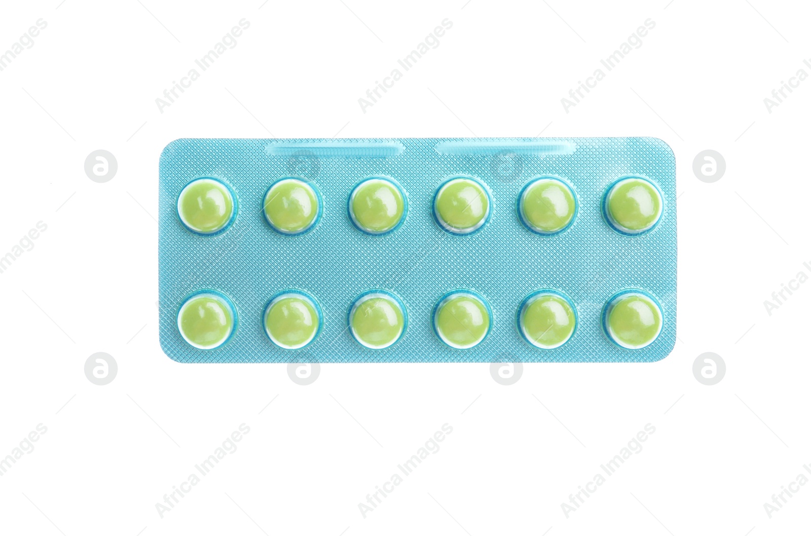 Photo of Pills in blister pack on white background, top view