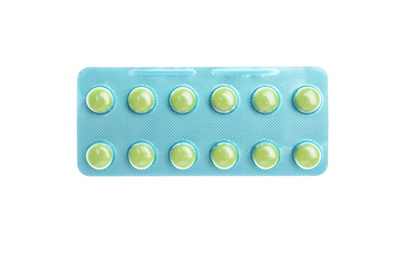 Photo of Pills in blister pack on white background, top view