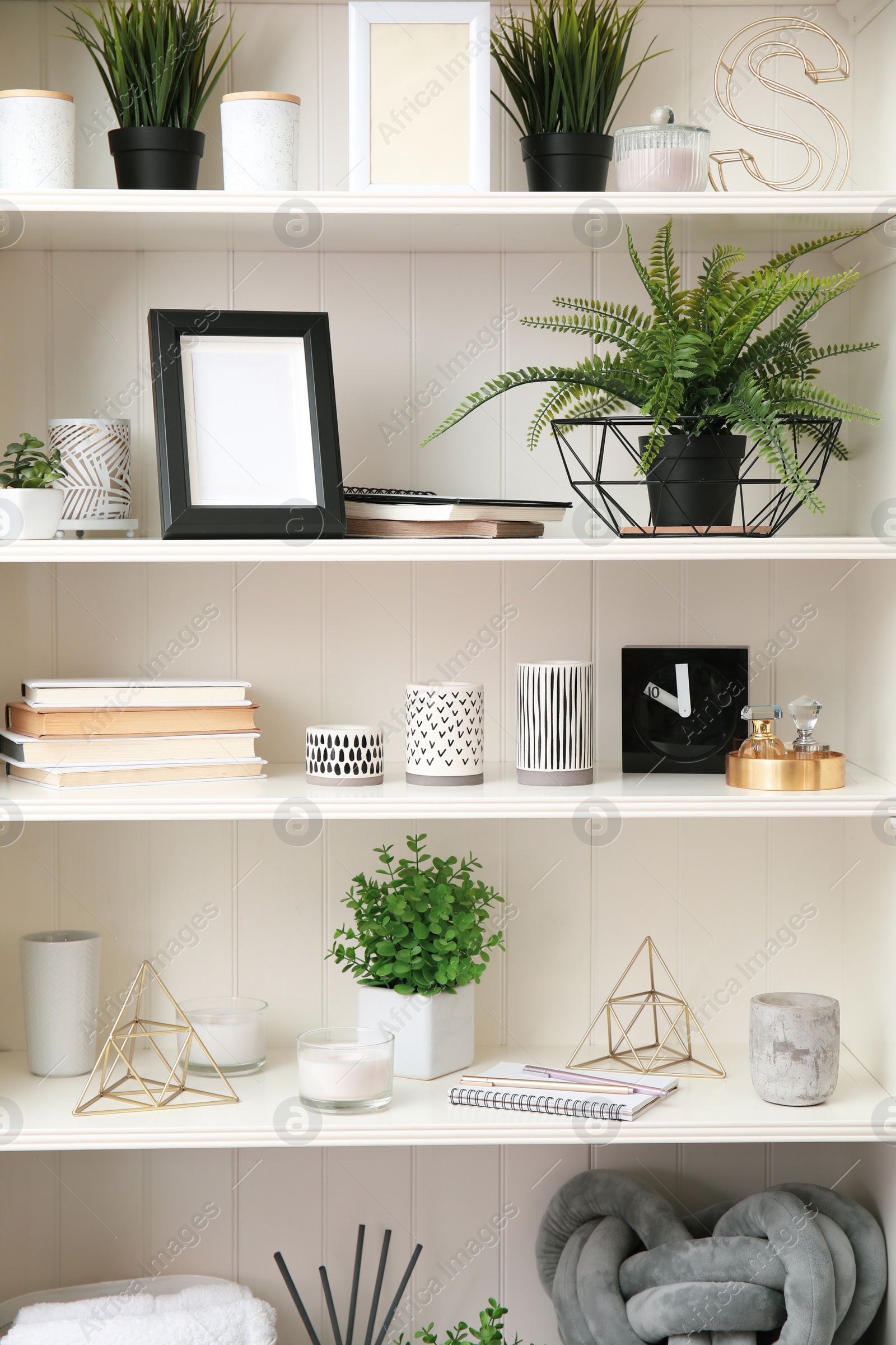 Photo of White shelving unit with plants and different decorative stuff