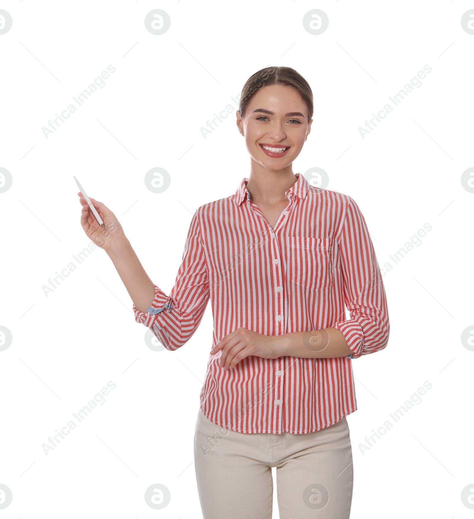 Photo of Beautiful woman pointing at something with pen on white background. Weather forecast reporter