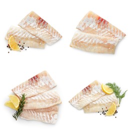 Image of Pieces of raw cod fish isolated on white, set