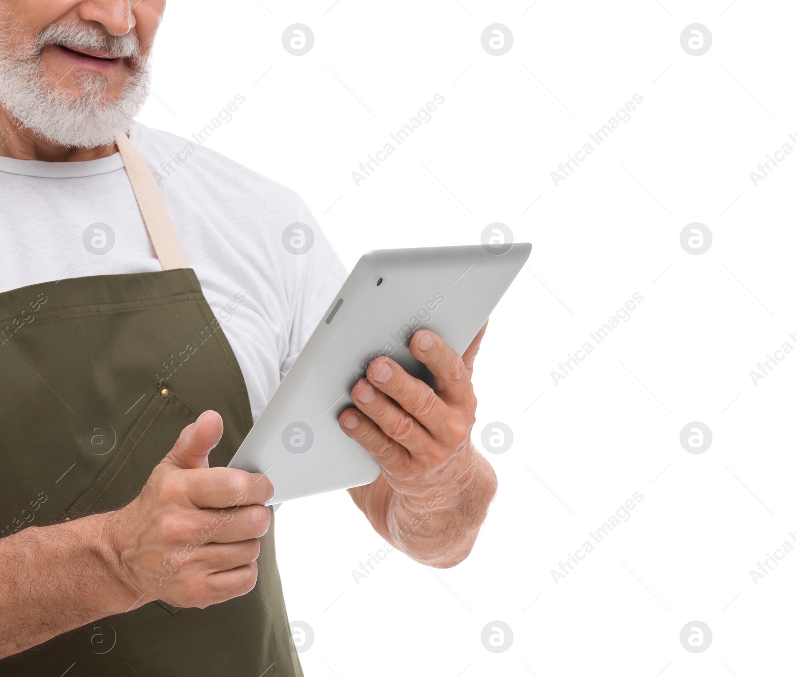 Photo of Man with tablet on white background, closeup