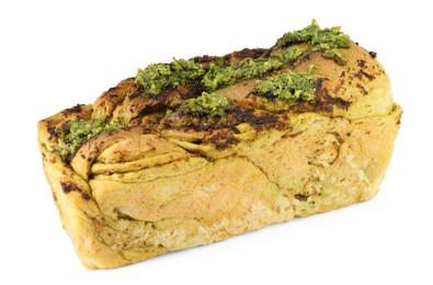 Photo of Freshly baked pesto bread isolated on white
