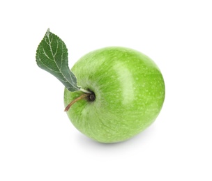 Fresh ripe green apple with leaf on white background