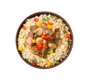 Photo of Cooked bulgur with vegetables, fried bacon and mushrooms in bowl isolated on white, top view