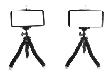 Image of Modern tripods with smartphones on white background