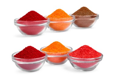 Image of Collage of different powdered food coloring in bowls isolated on white