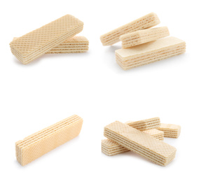 Image of Set of delicious vanilla wafers on white background. Sweet food