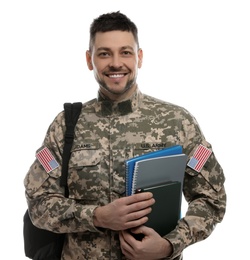 Photo of Cadet with backpack and notebooks isolated on white. Military education