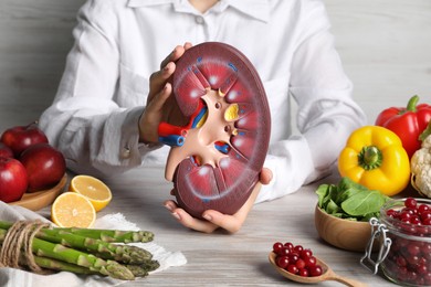 Photo of Woman holding kidney model near different products on white wooden table, closeup