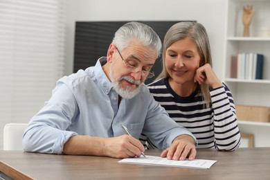 Photo of Happy senior couple signing Last Will and Testament indoors