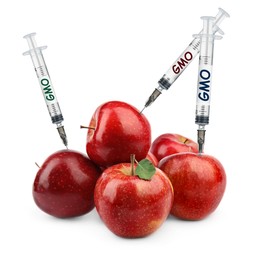 Image of Syringes with labels GMO in apples on white background