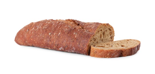 Photo of Pieces of fresh buckwheat baguette on white background