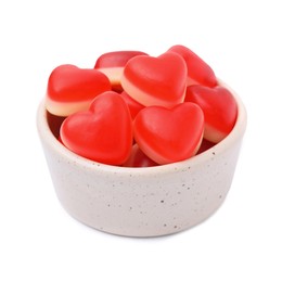 Bowl with sweet heart shaped jelly candies isolated on white