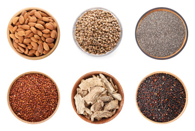 Image of Set of different superfoods on white background, top view