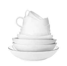 Photo of Set of clean dishes on white background