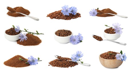 Image of Set with chicory granules and powder on white background 